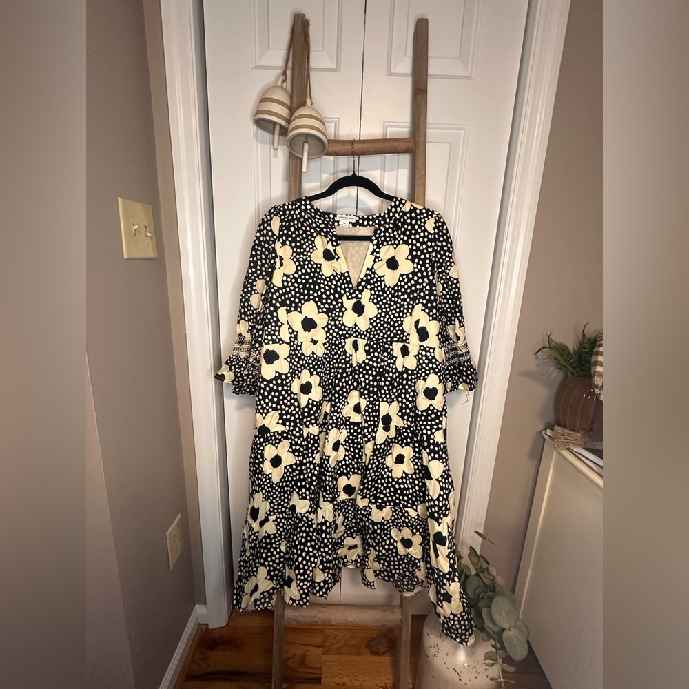 Black & Cream Floral Polka Dot Babydoll Dress